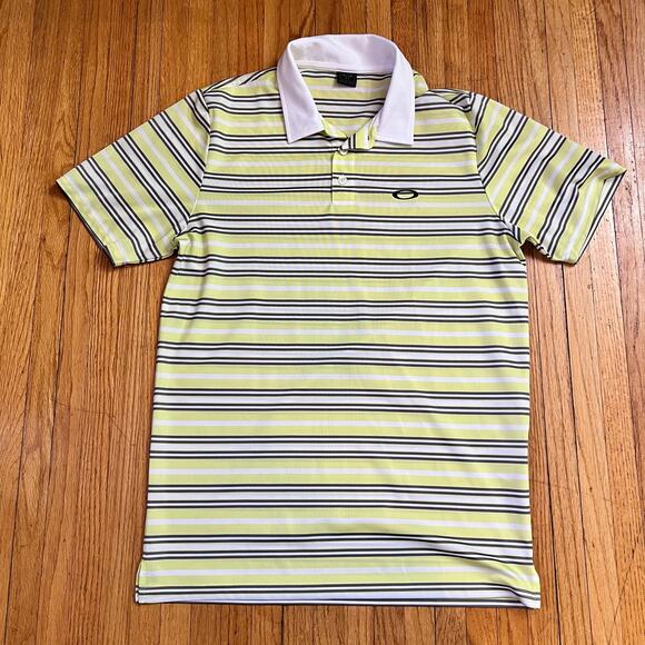 Oakley Polo Shirt Mens Small Performance Golf Striped Yellow White - Picture 1 of 7